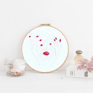Women‎ Face Hands Red Nails Finished Completed Embroidery -  Ready to Hang